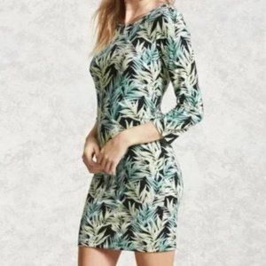 Forever 21 tropical print green yellow summer fall dress Small